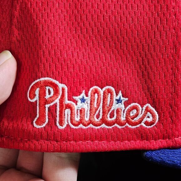 New Era MLB Phillies Fitted Hat Cap 7 7/8 Red Blue 59Fifty Bating Practice New - Picture 10 of 16